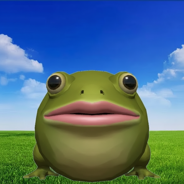 GORF, a frog with human lips, standing on grass